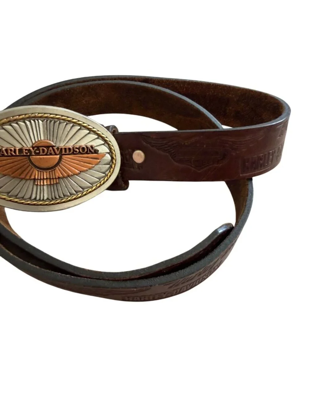 HARLEY DAVIDSON Brown Leather Buckle Belt 33”-38”